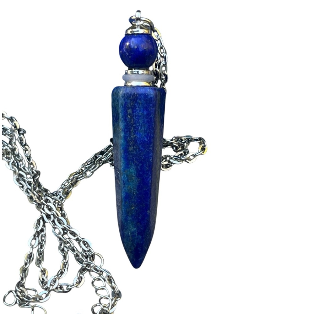 Lapis Perfume/Urn/Holy Water Bottle Pendulum Necklace In Silvertone 2”